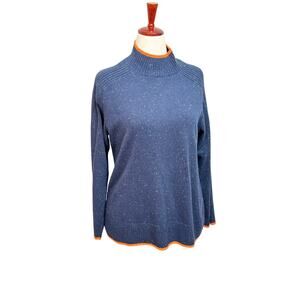 J. Jill mock neck long sleeve sweater navy blue marled orange edging Sz M